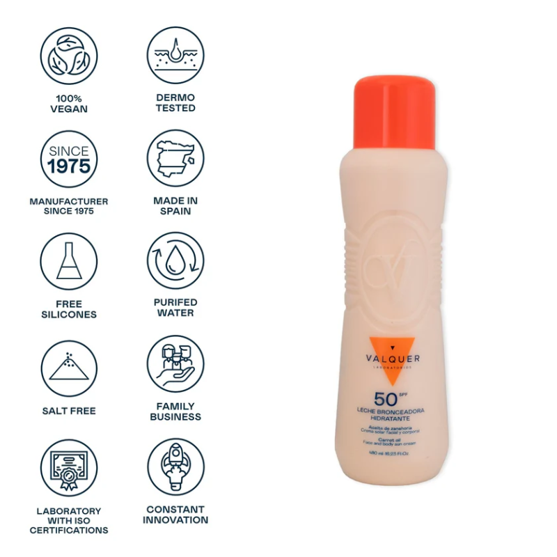LECHE HIDRATANTE BRONCEADORA DE ZANAHORIAS SPF 50, VALQUER - LÍNEA SOLAR √ COSMETICADESTELLOS.ES